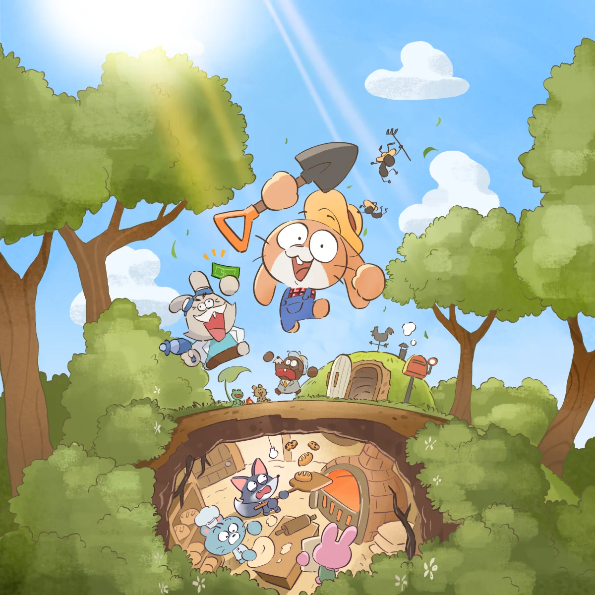 Rabbit Hole: Cozy Animal Farm! key art — the rabbit village and farm